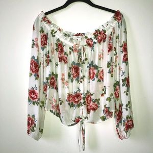 White Floral Print Peasant Top